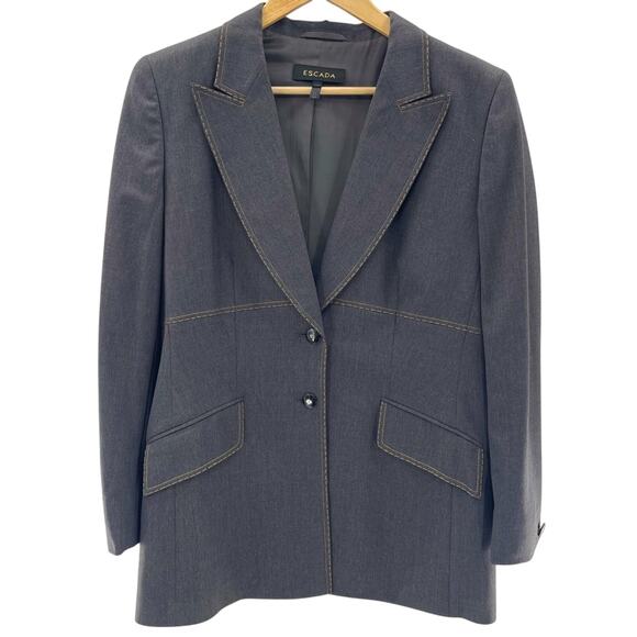 Escada Margaretha Ley Wool Contrast Stitch Denim Look Gray 2 Button Blazer US 12 - Picture 1 of 10